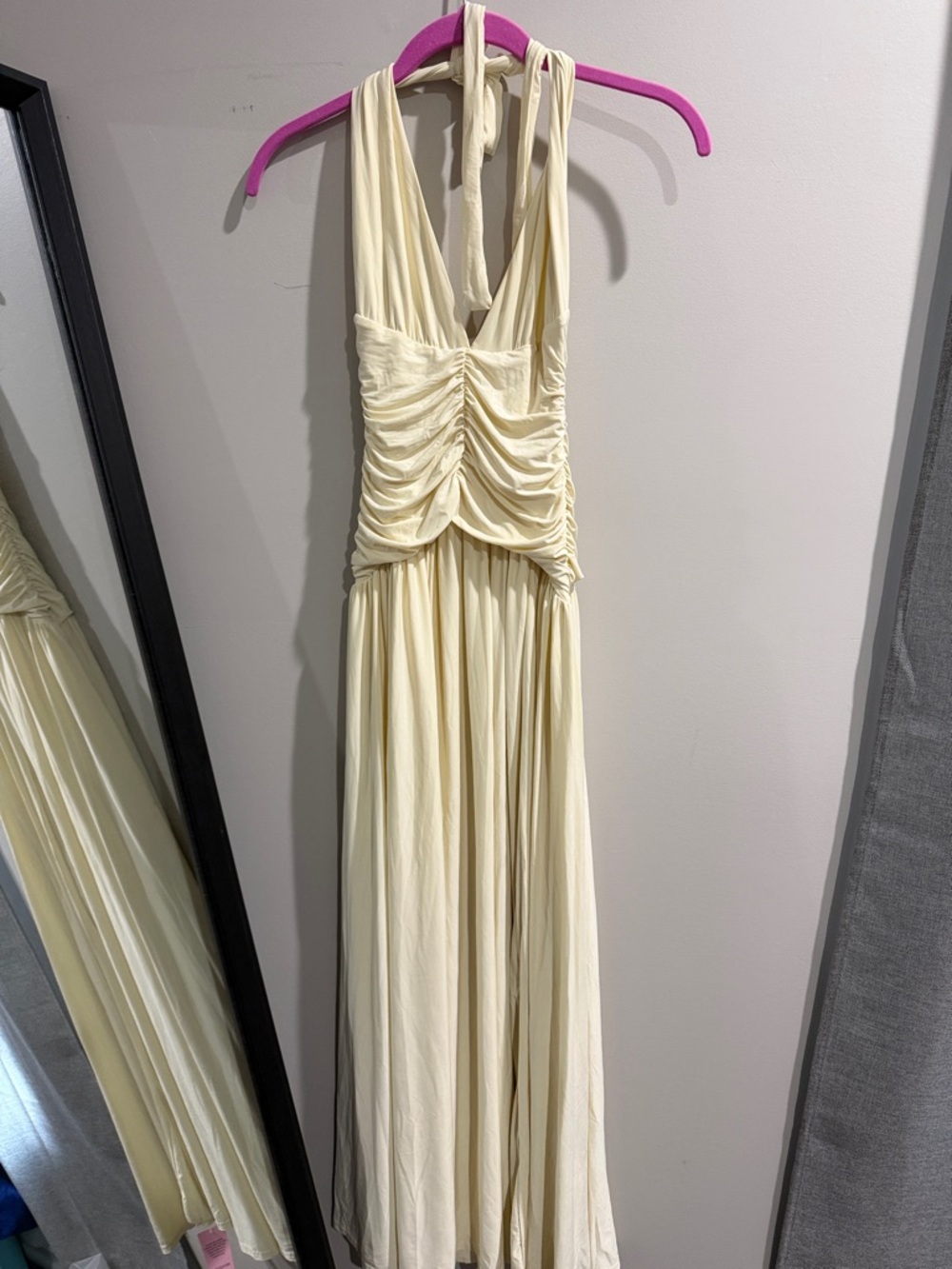 PrettyLittleThing Cream Backless Ruched Halter Maxi Dress